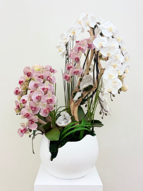Luxury White & Pink Phalaenopsis Orchid Arrangement with Natural Wood & Crystal Accents