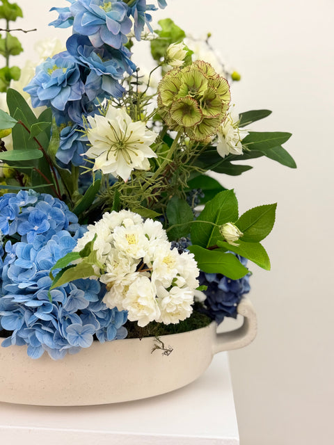 Garden-Inspired Blue Hydrangea & Delphinium Arrangement in Contemporary Ceramic Bowl