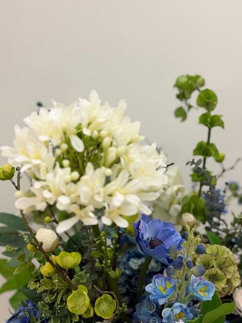 Garden-Inspired Blue Hydrangea & Delphinium Arrangement in Contemporary Ceramic Bowl