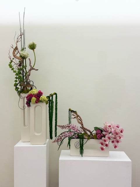 Custom Sculptural Botanical Arrangement with Orchids & Architectural Branch (set of 3)