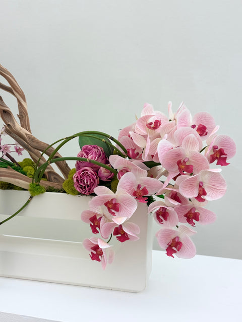 Custom Sculptural Botanical Arrangement with Orchids & Architectural Branch (set of 3)