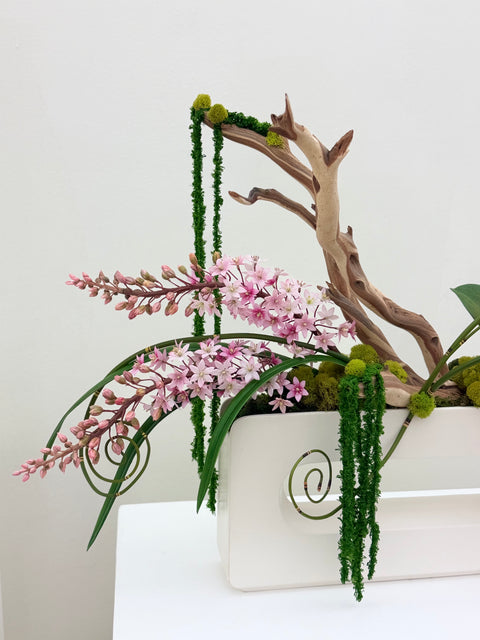 Custom Sculptural Botanical Arrangement with Orchids & Architectural Branch (set of 3)