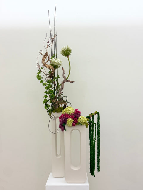 Custom Sculptural Botanical Arrangement with Orchids & Architectural Branch (set of 3)