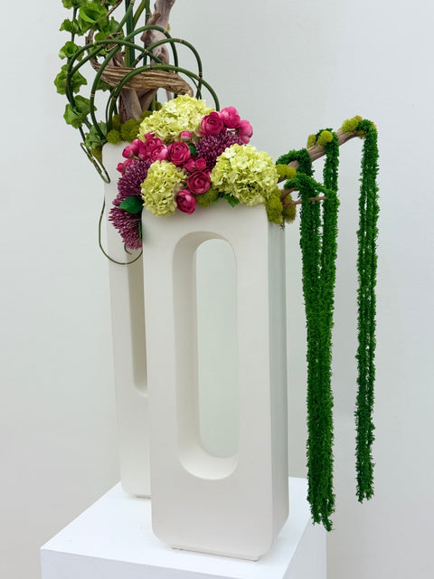 Custom Sculptural Botanical Arrangement with Orchids & Architectural Branch (set of 3)