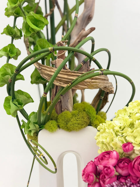 Custom Sculptural Botanical Arrangement with Orchids & Architectural Branch (set of 3)