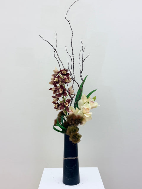 Modern Orchid Arrangement – Black Stone Vase