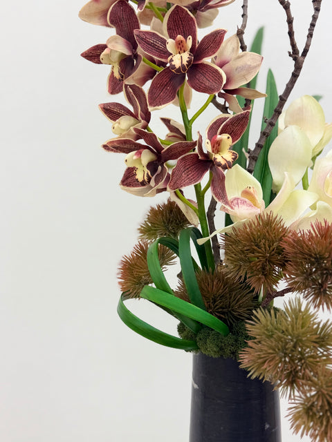 Modern Orchid Arrangement – Black Stone Vase