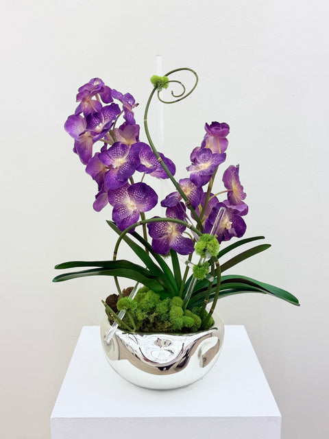 Purple Vanda Orchid Arrangement – Silver Glass Bowl