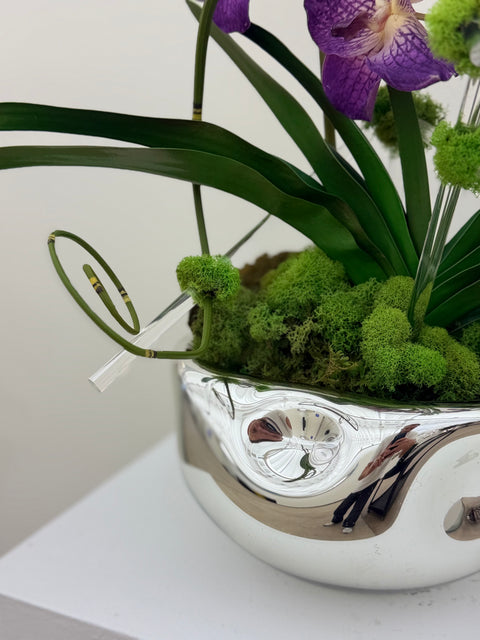 Purple Vanda Orchid Arrangement – Silver Glass Bowl