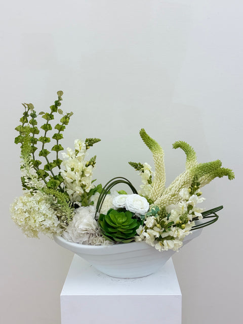 Modern White Botanical Arrangement – Contemporary White Bowl