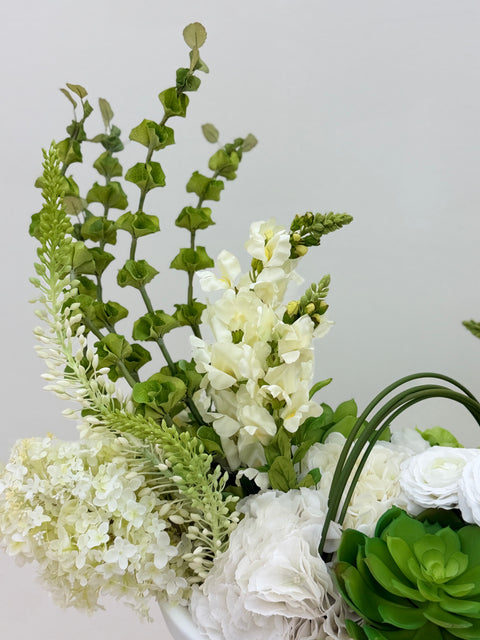 Modern White Botanical Arrangement – Contemporary White Bowl
