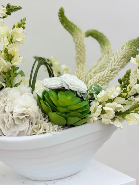 Modern White Botanical Arrangement – Contemporary White Bowl