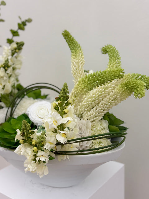 Modern White Botanical Arrangement – Contemporary White Bowl