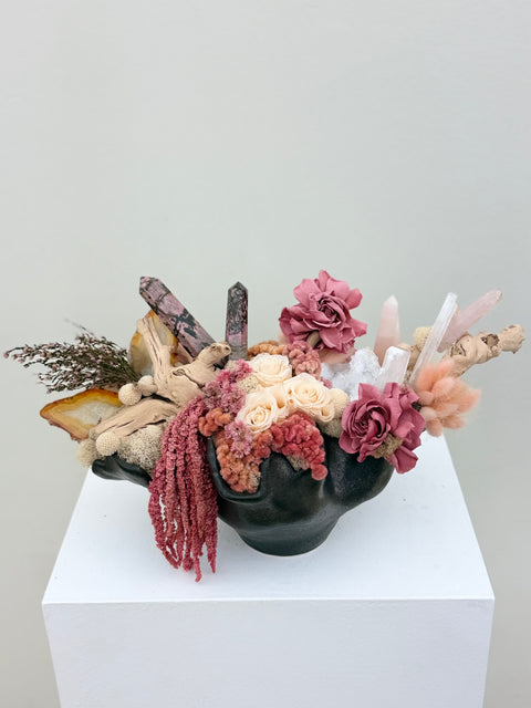 Crystal & Preserved Botanical Arrangement – Sculptural Black Bowl