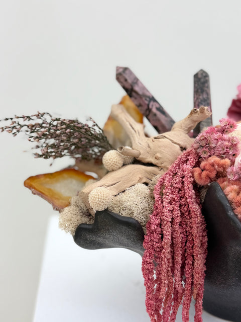 Crystal & Preserved Botanical Arrangement – Sculptural Black Bowl