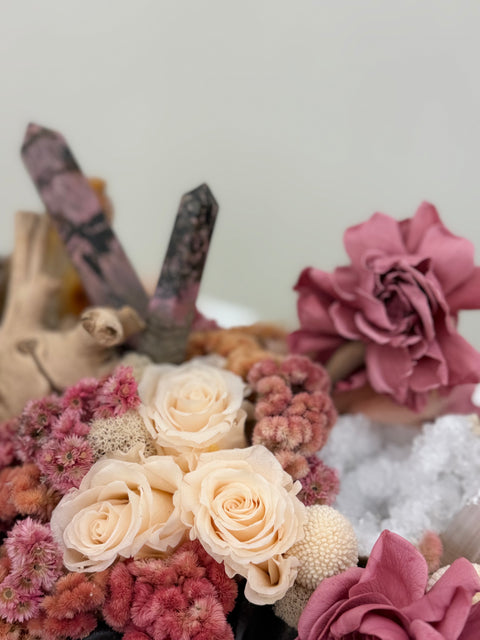 Crystal & Preserved Botanical Arrangement – Sculptural Black Bowl