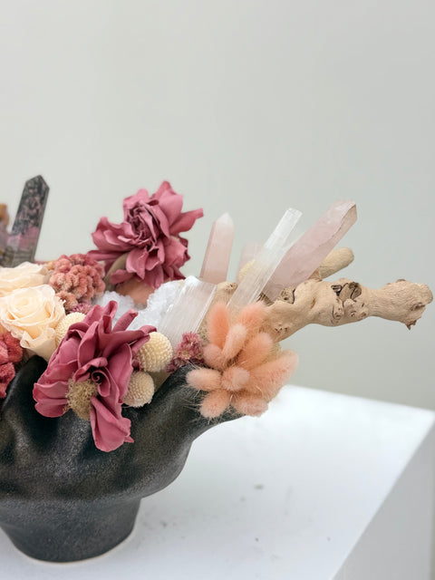 Crystal & Preserved Botanical Arrangement – Sculptural Black Bowl