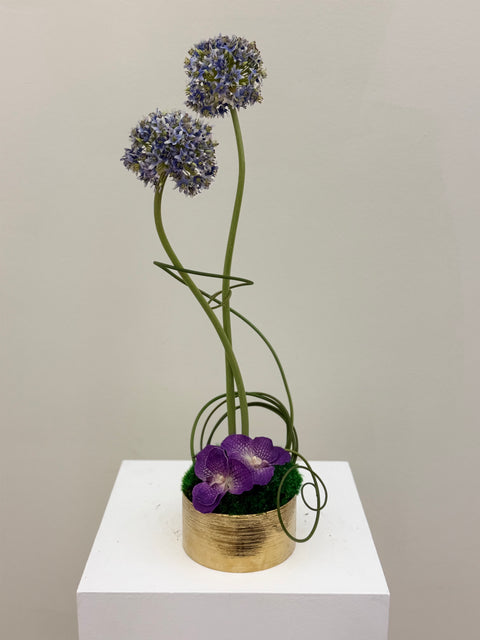Modern Allium & Vanda Arrangement – Gold Bowl